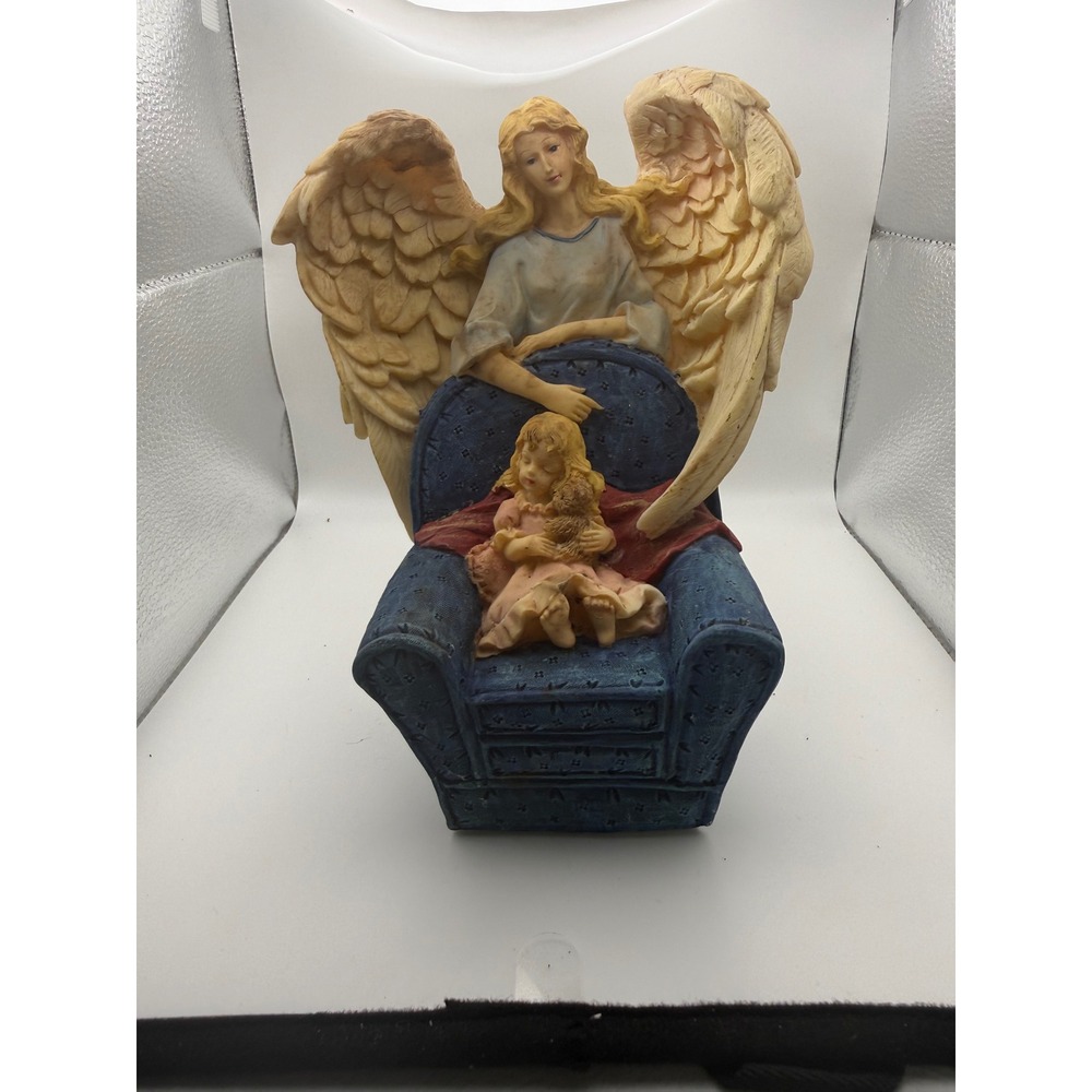 Guardian Angel Watching Over Sleeping Child Figurine Blue Armchair Statue Decor
